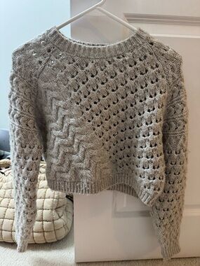 Altar'd State Light Gray Open-Knit Cropped Crew Sweater
